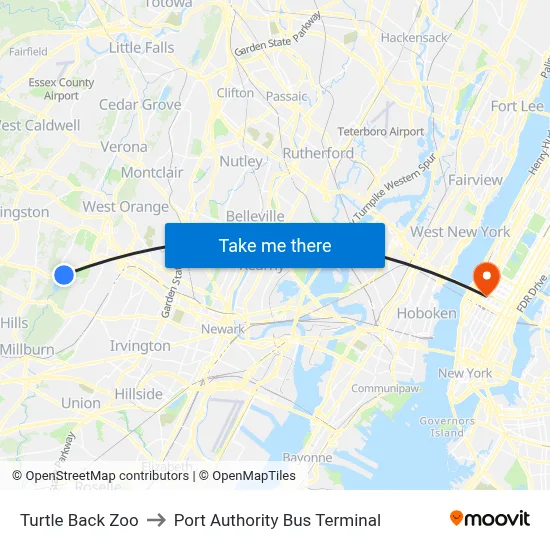 Turtle Back Zoo to Port Authority Bus Terminal map