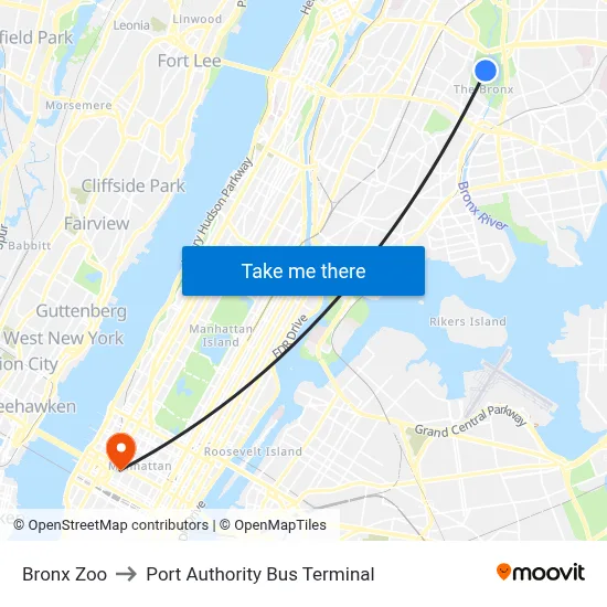 Bronx Zoo to Port Authority Bus Terminal map