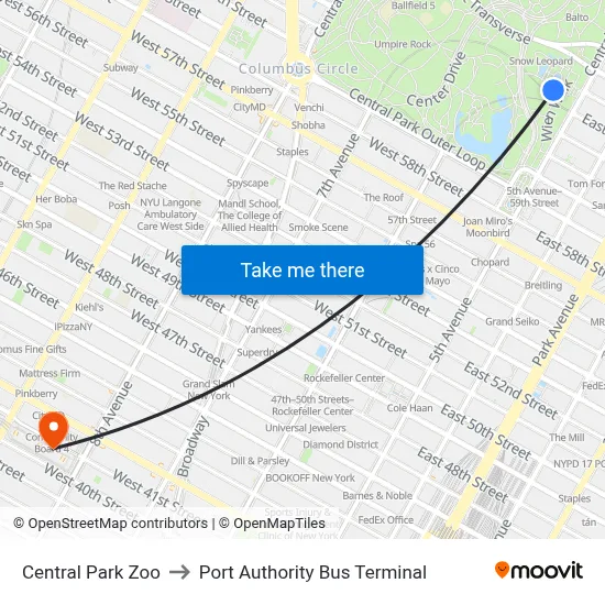 Central Park Zoo to Port Authority Bus Terminal map