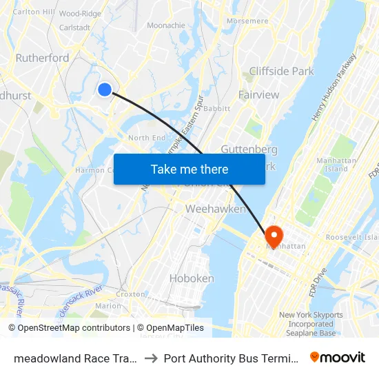 meadowland Race Track to Port Authority Bus Terminal map