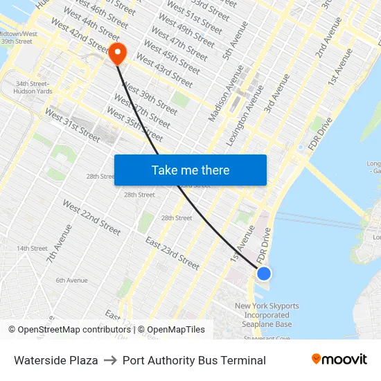 Waterside Plaza to Port Authority Bus Terminal map