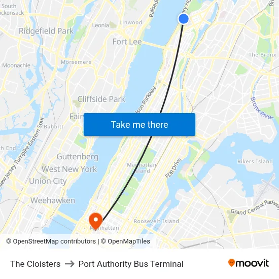 The Cloisters to Port Authority Bus Terminal map