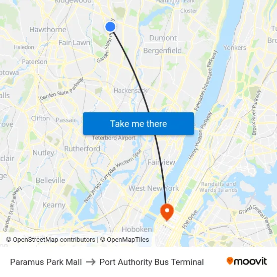 Paramus Park Mall to Port Authority Bus Terminal map