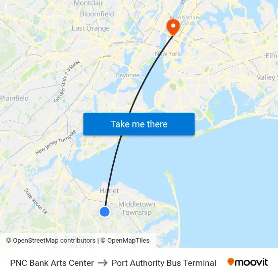 PNC Bank Arts Center to Port Authority Bus Terminal map