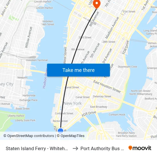 Staten Island Ferry - Whitehall Terminal to Port Authority Bus Terminal map