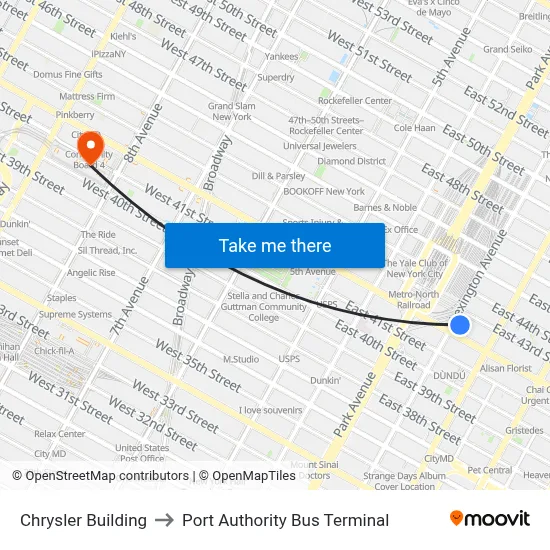 Chrysler Building to Port Authority Bus Terminal map