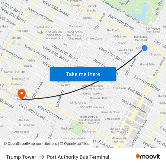 Trump Tower to Port Authority Bus Terminal map