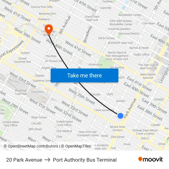 20 Park Avenue to Port Authority Bus Terminal map
