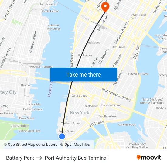 Battery Park to Port Authority Bus Terminal map