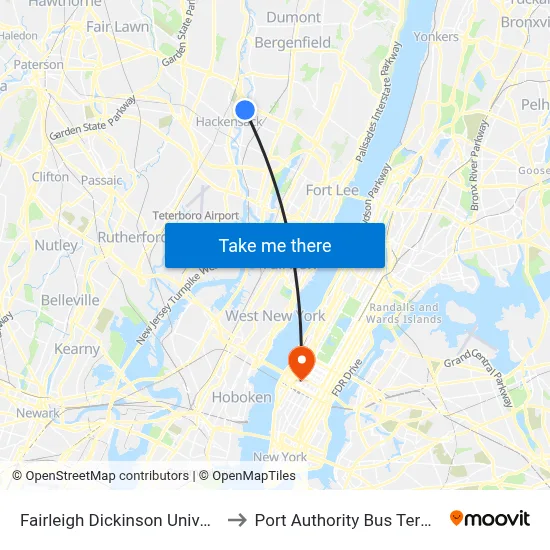 Fairleigh Dickinson University to Port Authority Bus Terminal map