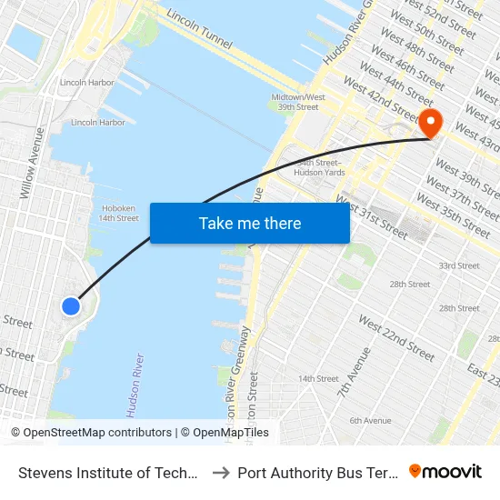 Stevens Institute of Technology to Port Authority Bus Terminal map