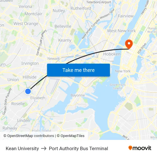 Kean University to Port Authority Bus Terminal map