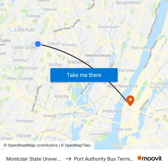 Montclair State University to Port Authority Bus Terminal map