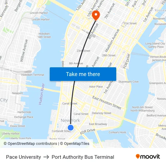 Pace University to Port Authority Bus Terminal map