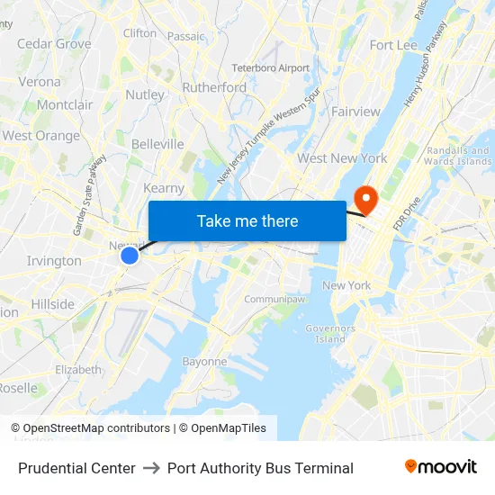 Prudential Center to Port Authority Bus Terminal map