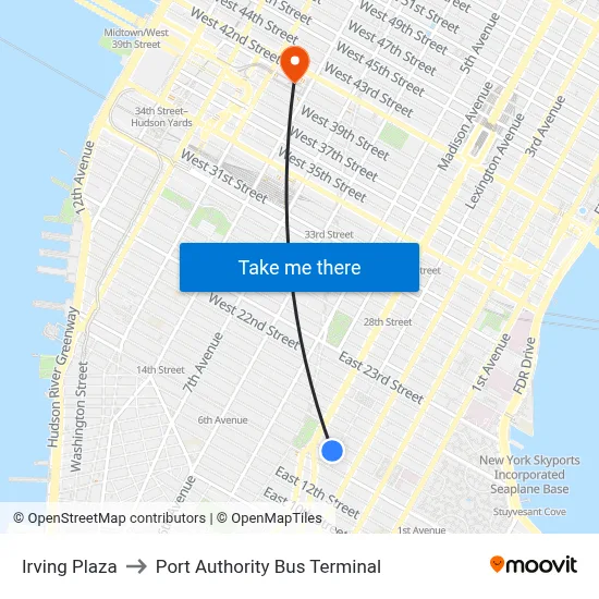 Irving Plaza to Port Authority Bus Terminal map