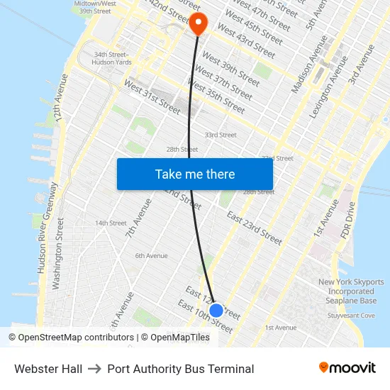 Webster Hall to Port Authority Bus Terminal map