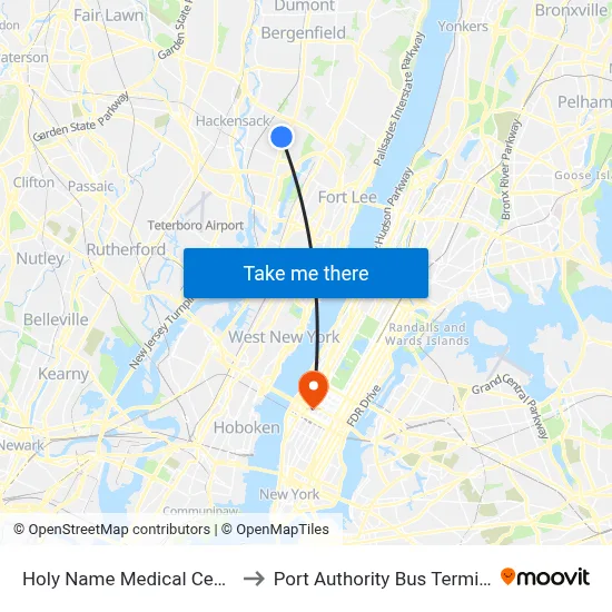 Holy Name Medical Center to Port Authority Bus Terminal map