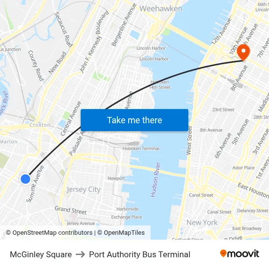 McGinley Square to Port Authority Bus Terminal map