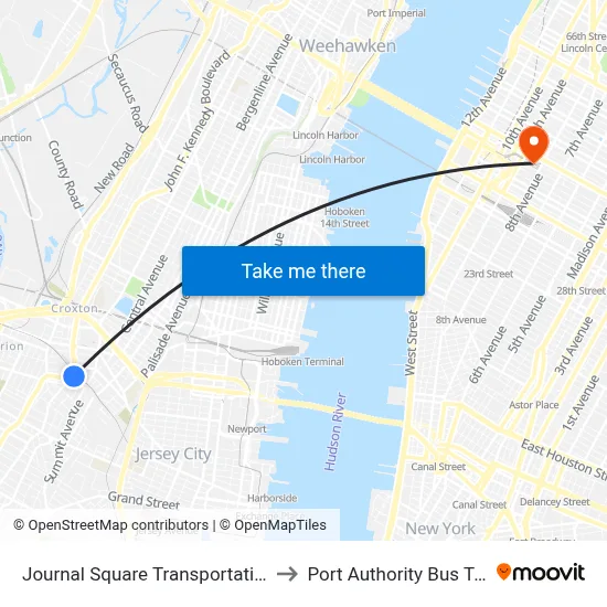 Journal Square Transportation Center to Port Authority Bus Terminal map