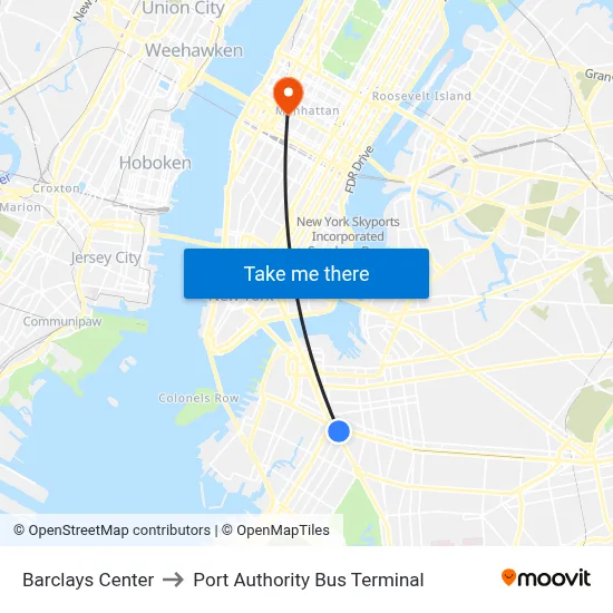 Barclays Center to Port Authority Bus Terminal map