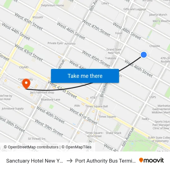 Sanctuary Hotel New York to Port Authority Bus Terminal map