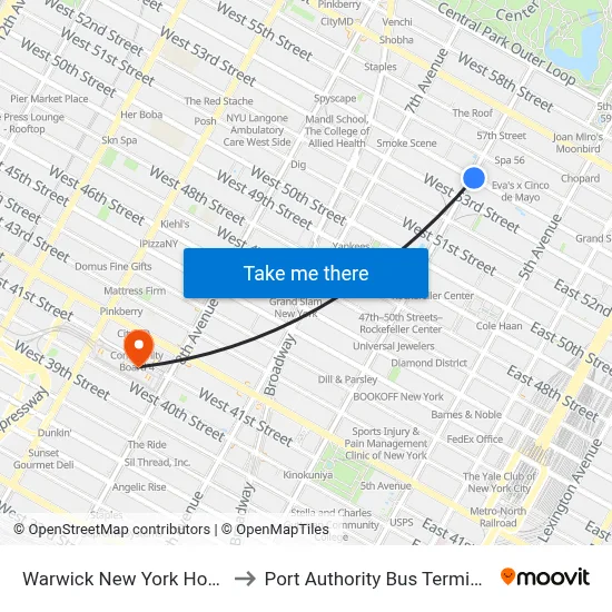 Warwick New York Hotel to Port Authority Bus Terminal map