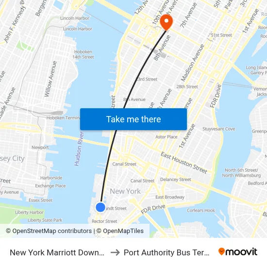 New York Marriott Downtown to Port Authority Bus Terminal map