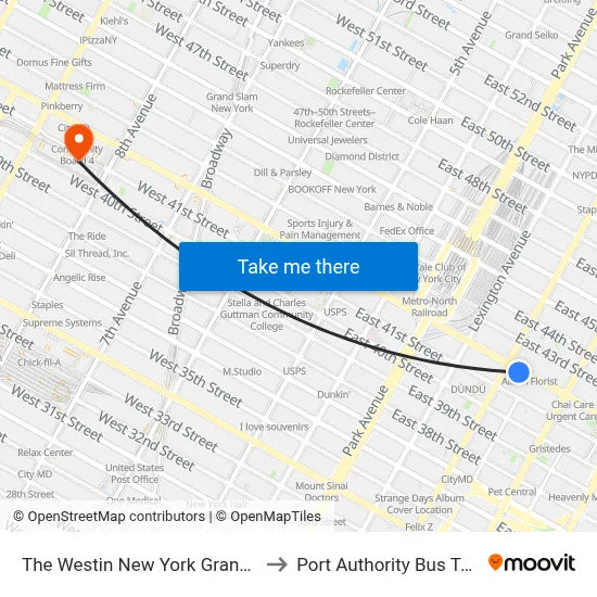 The Westin New York Grand Central to Port Authority Bus Terminal map