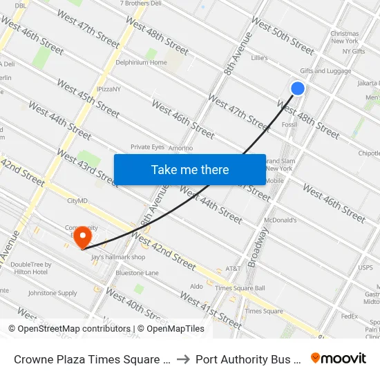 Crowne Plaza Times Square Manhattan to Port Authority Bus Terminal map