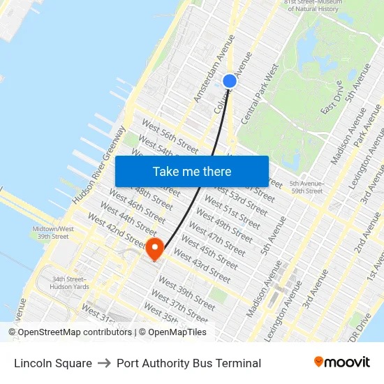 Lincoln Square to Port Authority Bus Terminal map