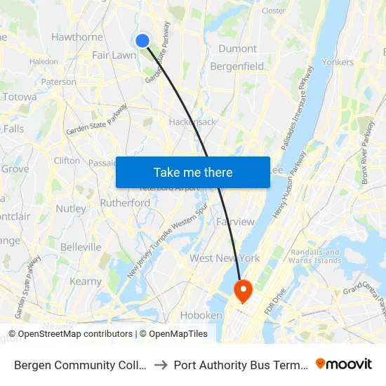 Bergen Community College to Port Authority Bus Terminal map