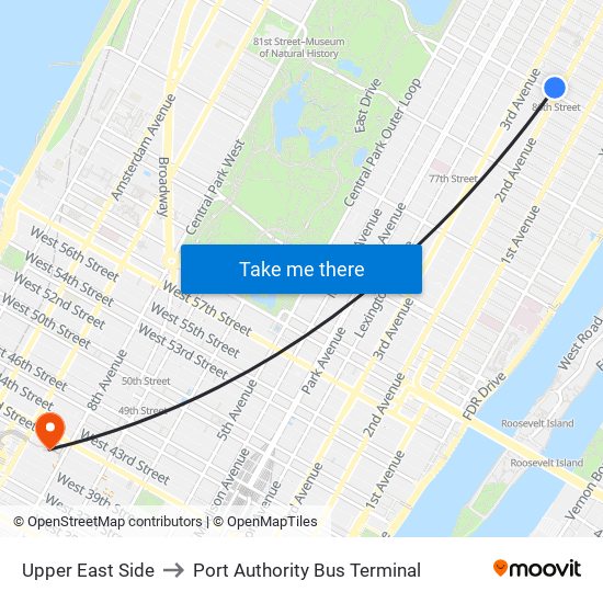 Upper East Side to Port Authority Bus Terminal map