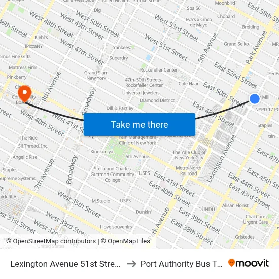 Lexington Avenue 51st Street Station to Port Authority Bus Terminal map