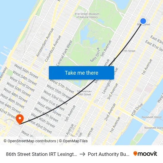 86th Street Station IRT Lexington Avenue Line to Port Authority Bus Terminal map