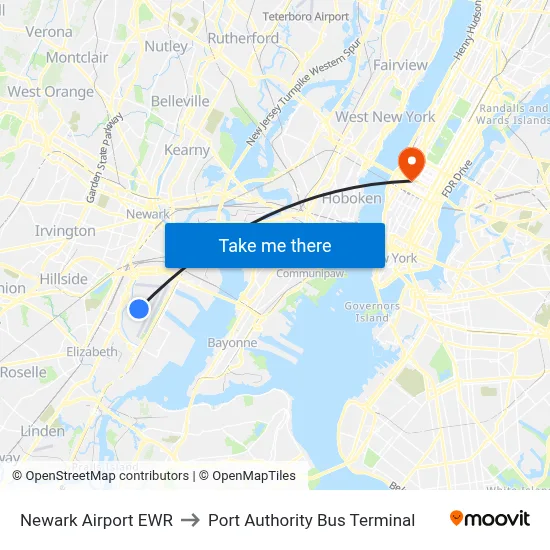 Newark Airport EWR to Port Authority Bus Terminal map