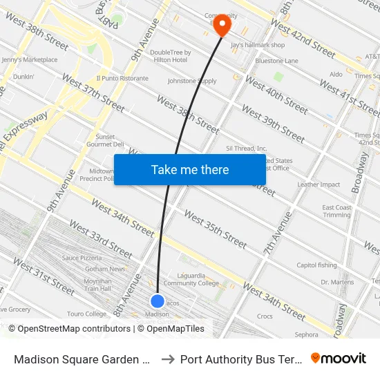 Madison Square Garden Center to Port Authority Bus Terminal map