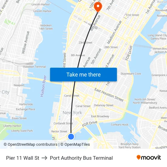 Pier 11 Wall St to Port Authority Bus Terminal map