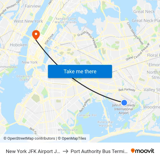 New York JFK Airport JFK to Port Authority Bus Terminal map