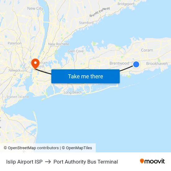 Islip Airport ISP to Port Authority Bus Terminal map