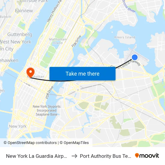 New York La Guardia Airport LGA to Port Authority Bus Terminal map