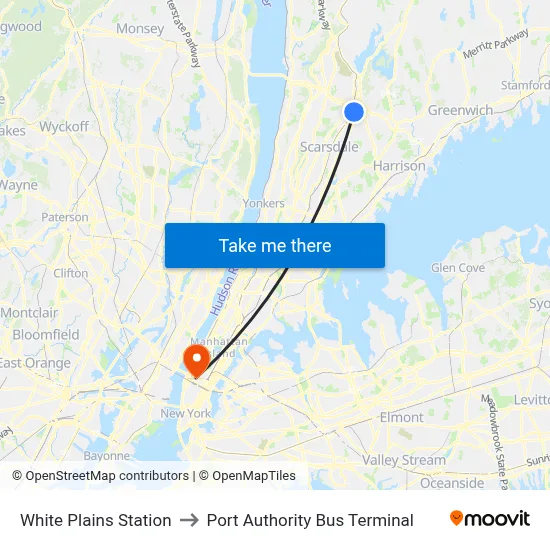 White Plains Station to Port Authority Bus Terminal map