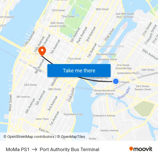 MoMa PS1 to Port Authority Bus Terminal map