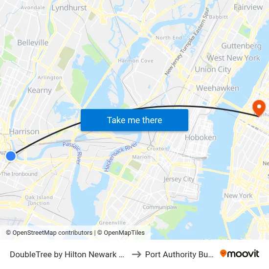 DoubleTree by Hilton Newark Penn Station NJ to Port Authority Bus Terminal map