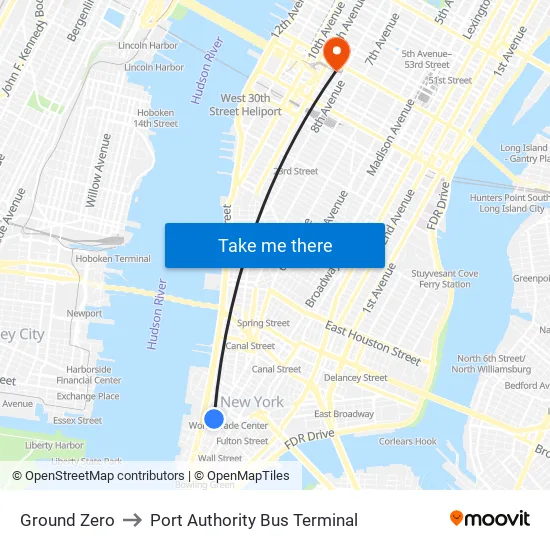 Ground Zero to Port Authority Bus Terminal map