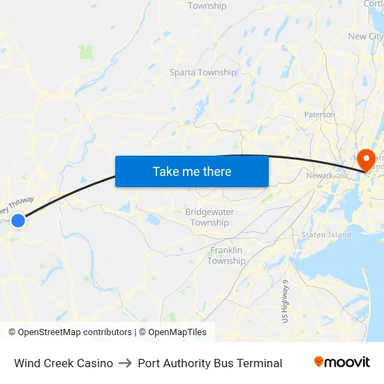 Wind Creek Casino to Port Authority Bus Terminal map