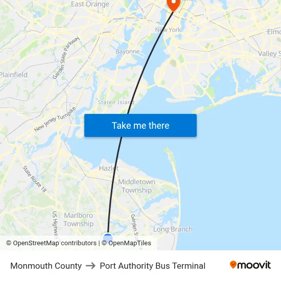Monmouth County to Port Authority Bus Terminal map