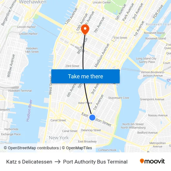 Katz s Delicatessen to Port Authority Bus Terminal map