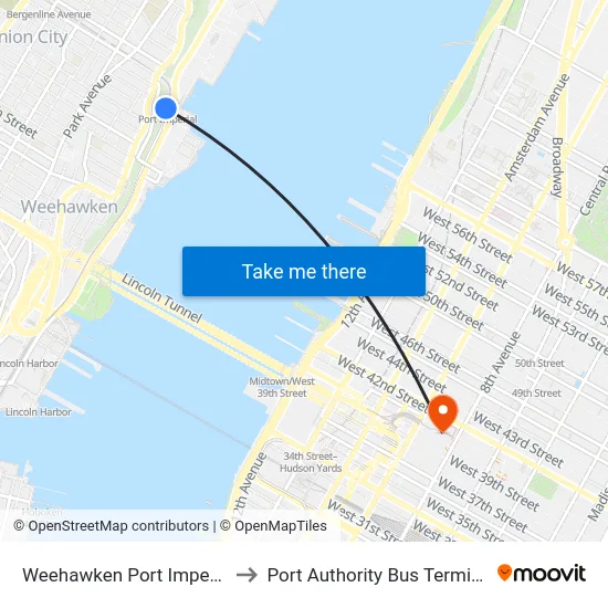 Weehawken Port Imperial to Port Authority Bus Terminal map