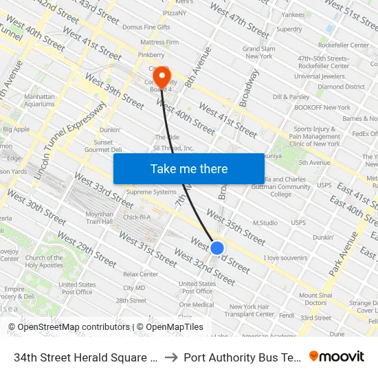 34th Street Herald Square Station to Port Authority Bus Terminal map